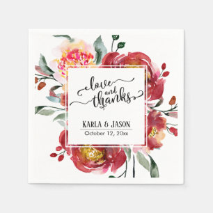 Red Flower Bouquet, Love and Thanks Typography Napkin