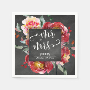Red Flower Bouquet Mr & Mrs Typography Chalkboard Napkin