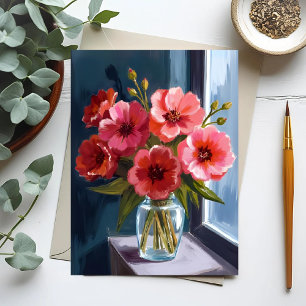 Red Flower Bouquet Vase Watercolor Painting Postcard