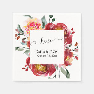 Red Flower Bouquet with Swirling Love Typography Napkin
