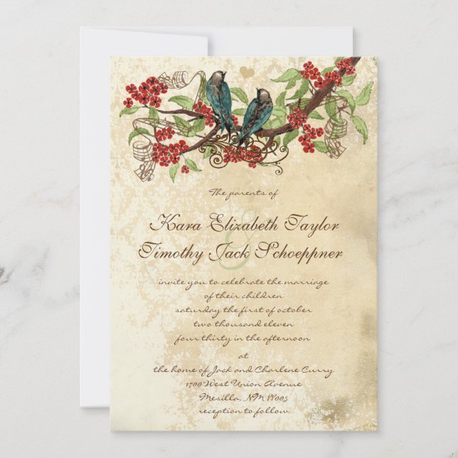 Red Flower Branch Vintage Birds Wedding Invite (Front)