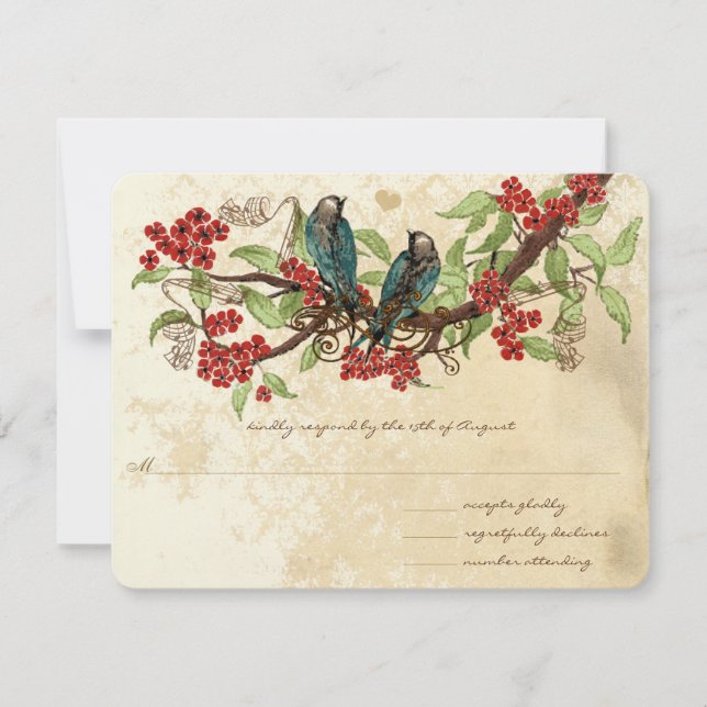 Red Flower Branch Vintage Birds Wedding RSVP (Front)