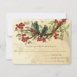 Red Flower Branch Vintage Birds Wedding RSVP Card