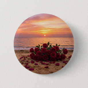Red flower brooch overlooking a beach 6 cm round badge
