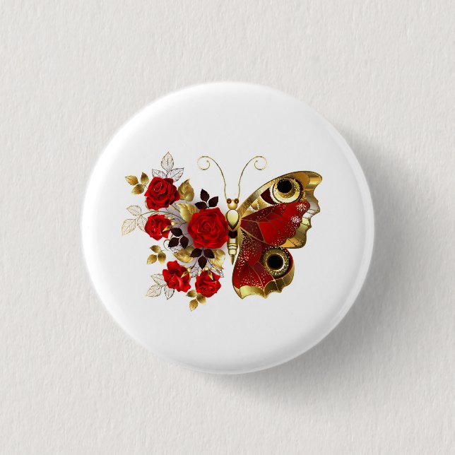 Red flower butterfly with red roses 3 cm round badge (Front)