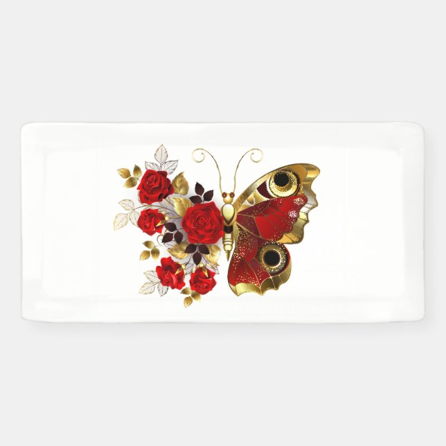 Red flower butterfly with red roses banner (Horizontal)