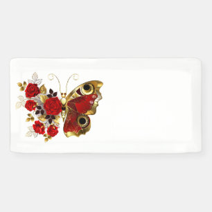Red flower butterfly with red roses banner