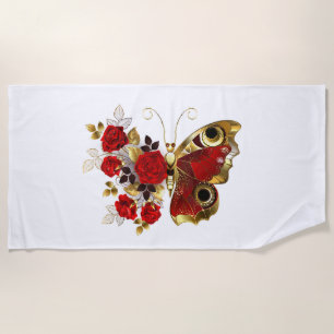 Red flower butterfly with red roses beach towel