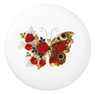 Red flower butterfly with red roses ceramic knob
