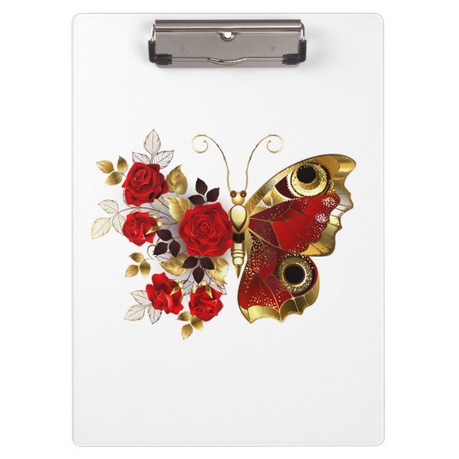 Red flower butterfly with red roses clipboard (Front)