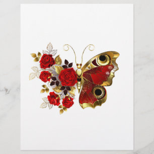 Red flower butterfly with red roses custom letterhead
