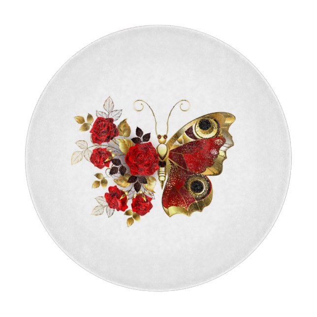 Red flower butterfly with red roses cutting board (Front)