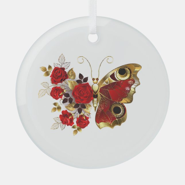 Red flower butterfly with red roses glass tree decoration (Front)