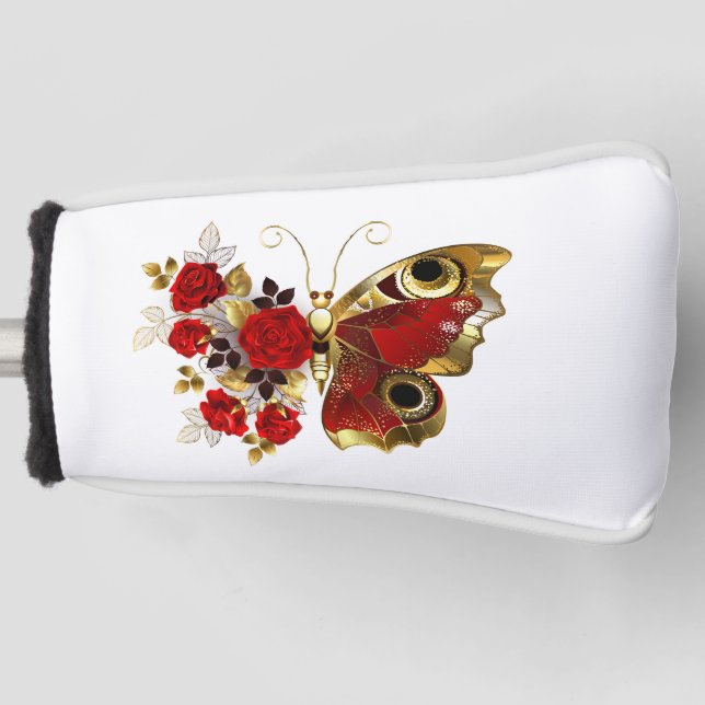 Red flower butterfly with red roses golf head cover (Front)