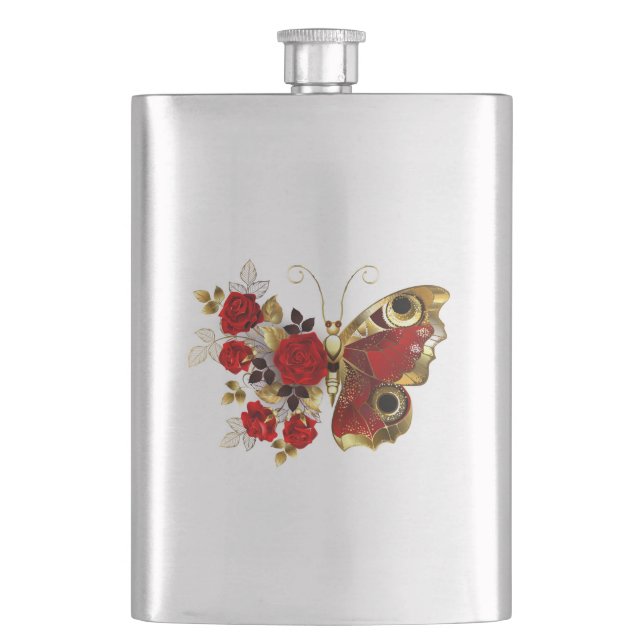 Red flower butterfly with red roses hip flask (Front)