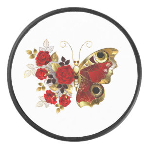 Red flower butterfly with red roses hockey puck