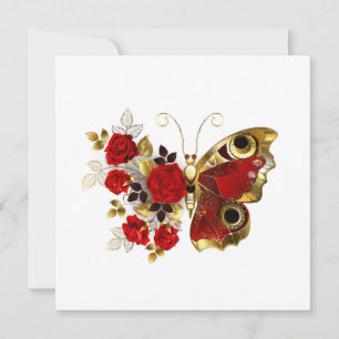 Red flower butterfly with red roses holiday card