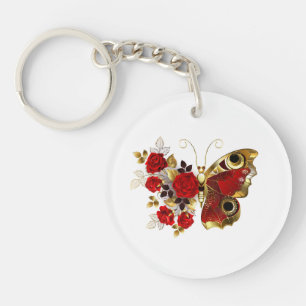 Red flower butterfly with red roses key ring