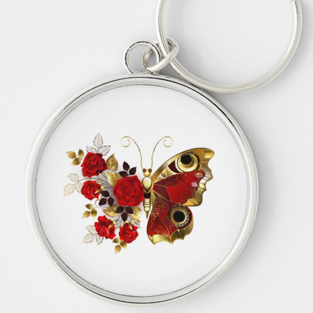 Red flower butterfly with red roses key ring (Front)