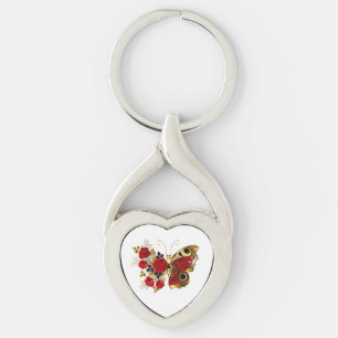 Red flower butterfly with red roses key ring