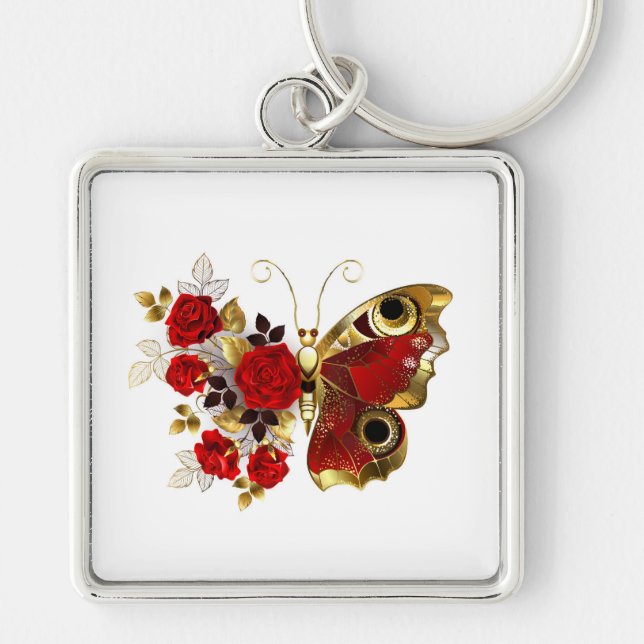 Red flower butterfly with red roses key ring (Front)