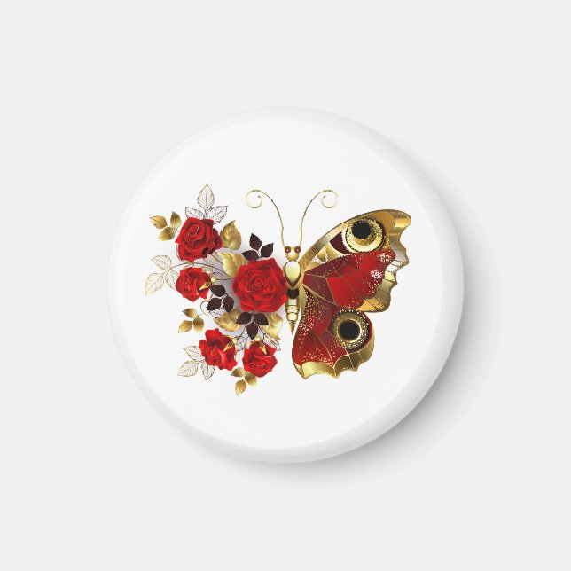 Red flower butterfly with red roses magnet (Front)