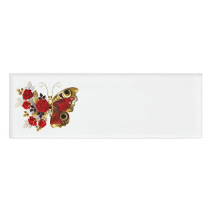 Red flower butterfly with red roses name tag