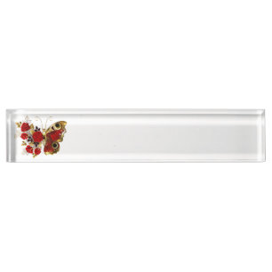 Red flower butterfly with red roses nameplate