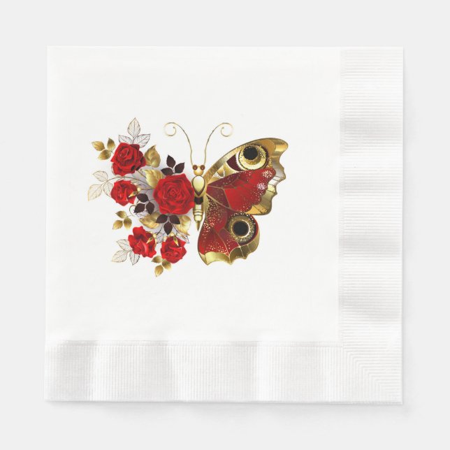 Red flower butterfly with red roses napkin (Front)