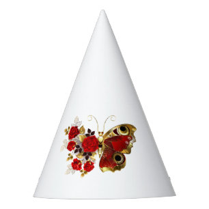 Red flower butterfly with red roses party hat