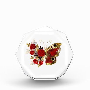Red flower butterfly with red roses photo block