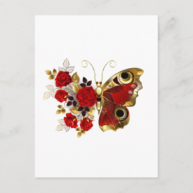 Red flower butterfly with red roses postcard (Front)