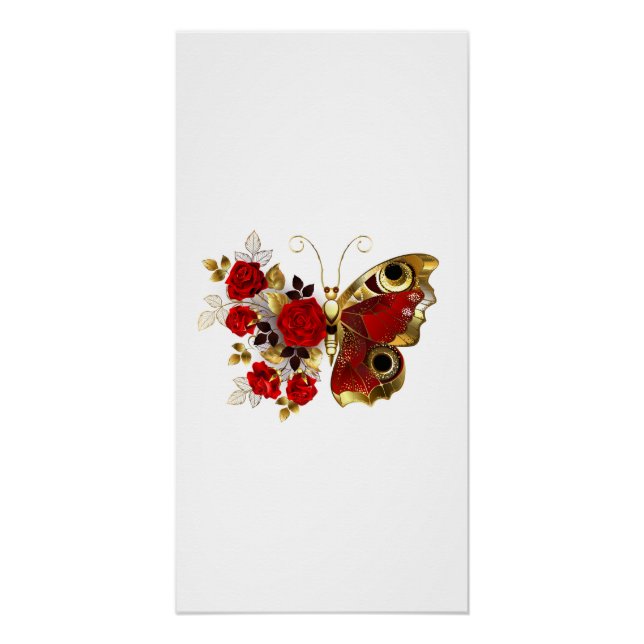 Red flower butterfly with red roses poster (Front)