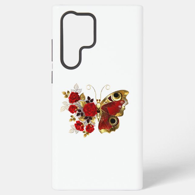Red flower butterfly with red roses samsung galaxy s22 ultra case (Back)