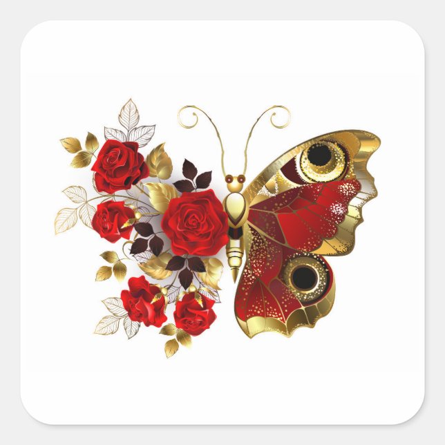 Red flower butterfly with red roses square sticker (Front)