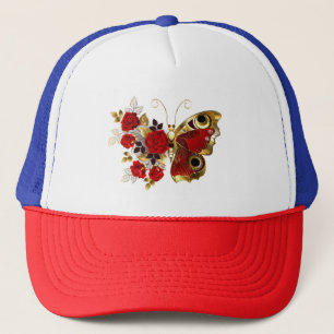 Red flower butterfly with red roses trucker hat