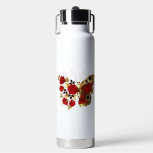 Red flower butterfly with red roses water bottle