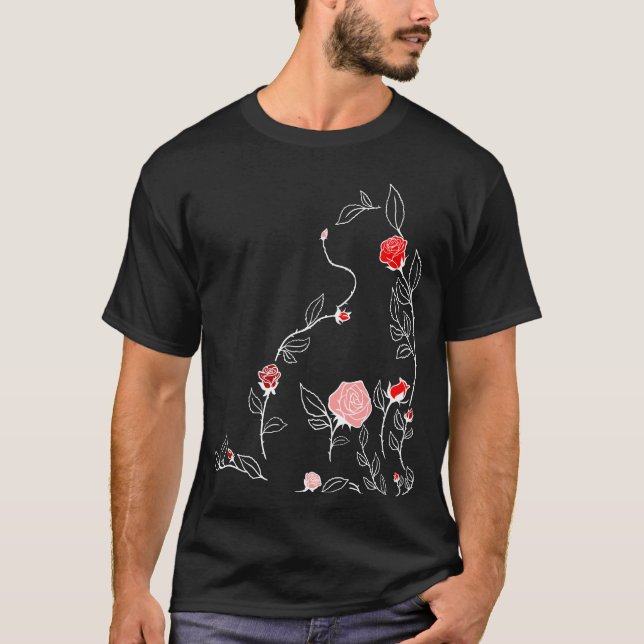 Red Flower Cat Red Graphic T-Shirt (Front)