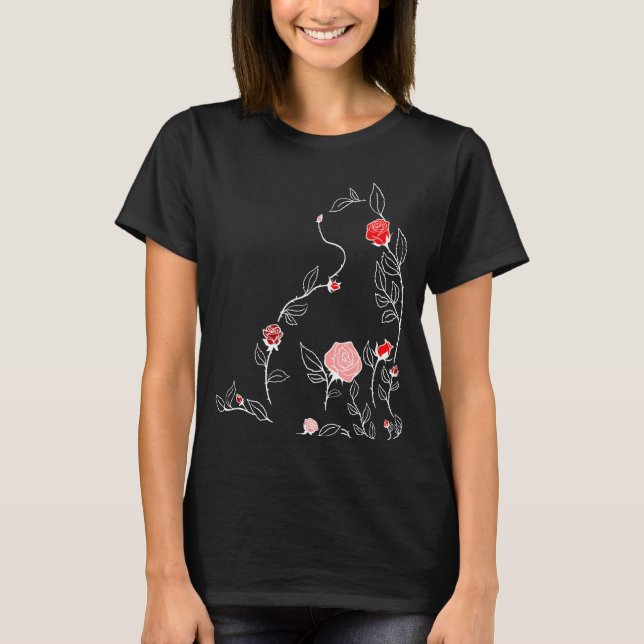 Red Flower Cat Red Graphic T-Shirt (Front)