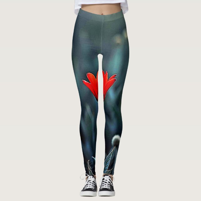 Red Flower Dark Night Solitude Art Leggings (Front)