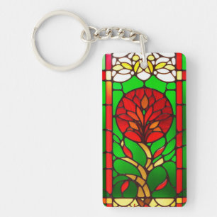 Red Flower Elegant Stained Glass Art Key Ring