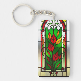 Red Flower Elegant Stained Glass Art Key Ring