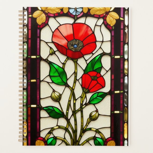Red Flower Elegant Stained Glass Art Planner (Front)