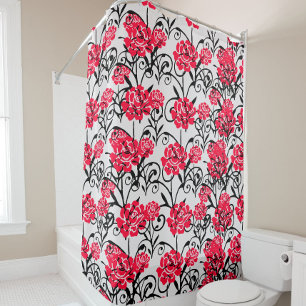 Red Flower Floral Illustration Pattern Design Shower Curtain