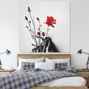 Red Flower Grey Art Canvas Print