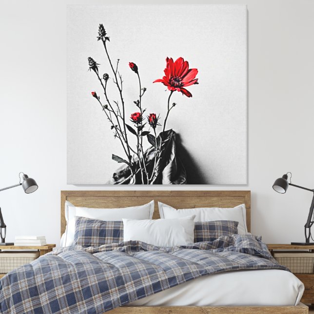 Red Flower Grey Art Canvas Print (Insitu(Bedroom))