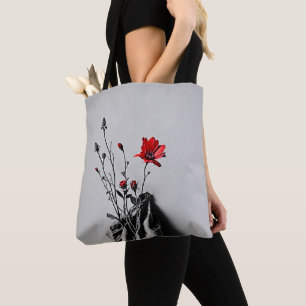 Red Flower Grey Art Tote Bag