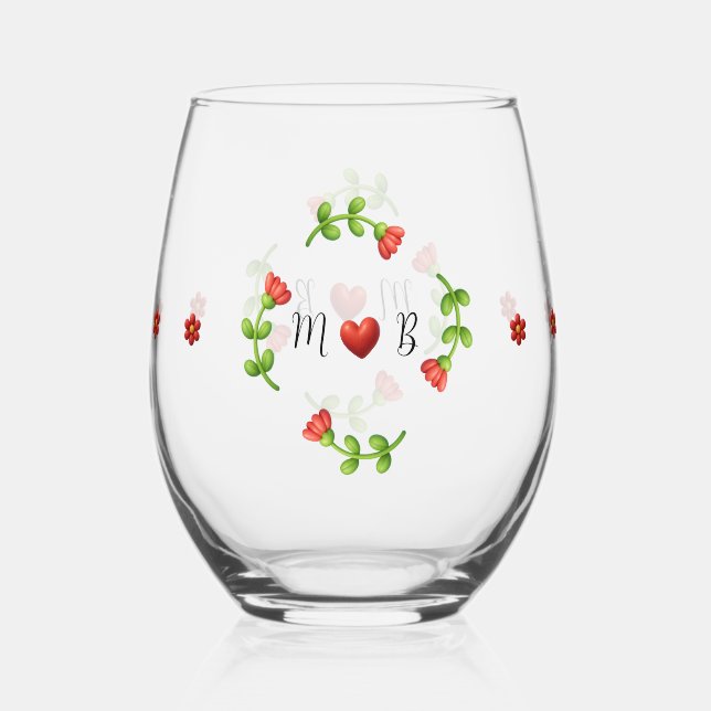 Red Flower Heart Monogram Stemless Glass (Front)