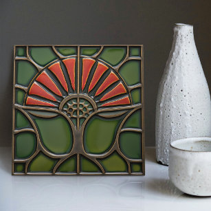 Red Flower Mid-Century Symmetry Arts and Crafts Tile