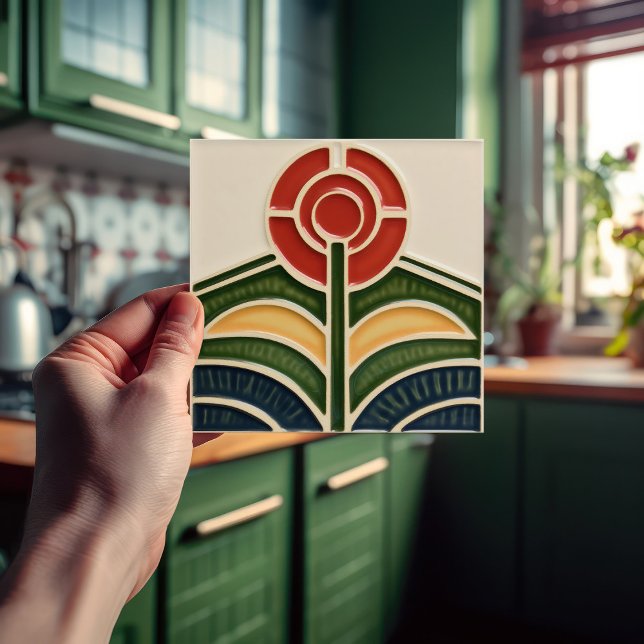 Red Flower Mid-Century Symmetry Arts and Crafts Tile (Creator Uploaded)